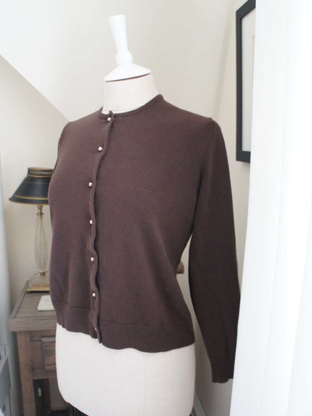 Lands End Button Front Dark Brown Crew Neck Cardigan Gold Buttons Size Small